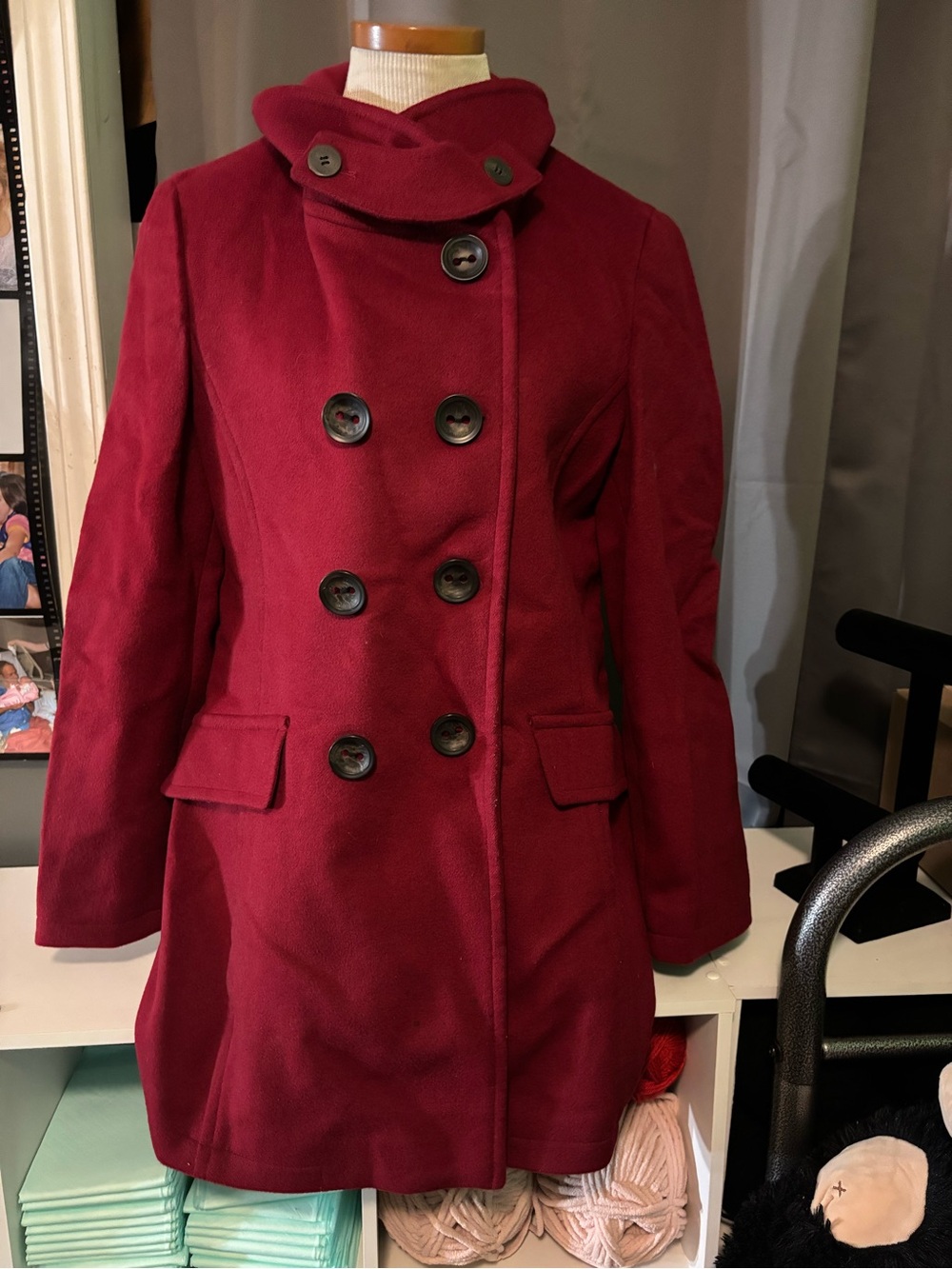 Calvin Klein Double-Breasted Burgundy Pea Coat with Stand Collar